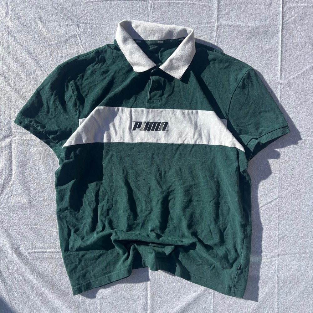 Vintage Style Forest Green Puma Colorblock Polo Shirt – L